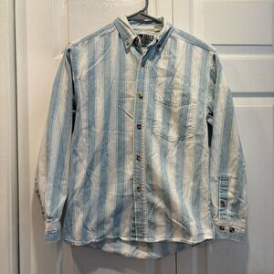 Vintage Blue & White Double Impact Striped Denim Like Button Down - Size Medium